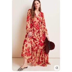 Anthropologie Daniel Rainn Red Floral Tiered Maxi Dress SP Petite NWT $168